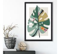 Artze Wall Art Monstera Leaf Green And Red Minamilist Framed Print Size: A3 With Black Frame
