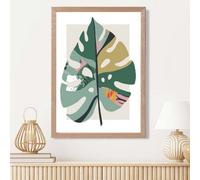 Artze Wall Art Monstera Leaf Green And Red Minamilist Framed Print Size: A3 With Oak Frame