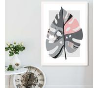 Artze Wall Art Monstera Leaf Grey And Pink Boho Botanical Framed Print Size: A2 With White Frame