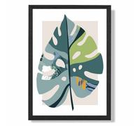 Artze Wall Art Monstera Leaf Teal And Green Mid Century Modern Art Print With Black Frame Size: A4