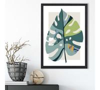 Artze Wall Art Monstera Leaf Teal And Green Mid Century Modern Framed Print Size: A3 With Black Frame