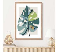 Artze Wall Art Monstera Leaf Teal And Green Mid Century Modern Framed Print Size: A3 With Oak Frame