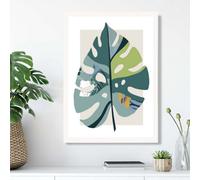 Artze Wall Art Monstera Leaf Teal And Green Mid Century Modern Framed Print Size: A3 With White Frame