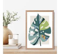 Artze Wall Art Monstera Leaf Teal And Green Mid Century Modern Framed Print Size: A4 With Oak Frame
