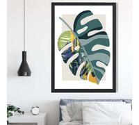 Artze Wall Art Monstera Teal And Green Mid Century Modern Framed Print Size: A2 With Black Frame