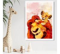 Artze Wall Art Mufasa And Simba Watercolour Lion King Framed Print Size: A2 With White Frame