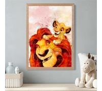 Artze Wall Art Mufasa And Simba Watercolour Lion King Framed Print Size: A3 With Oak Frame