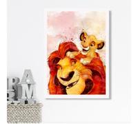 Artze Wall Art Mufasa And Simba Watercolour Lion King Framed Print Size: A3 With White Frame