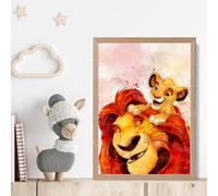 Artze Wall Art Mufasa And Simba Watercolour Lion King Framed Print Size: A4 With Oak Frame