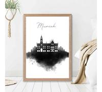 Artze Wall Art Munich Watercolour Skyline City Framed Print Size: A2 With Oak Frame