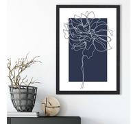 Artze Wall Art Navy Blue And White Abstract Floral Line Art Framed Print Size: A3 With Black Frame