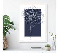 Artze Wall Art Navy Blue And White Abstract Floral Line Art Framed Print Size: A3 With White Frame
