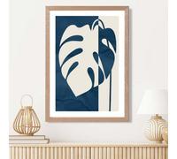 Artze Wall Art Navy Blue Monstera Mid Century Tropical Framed Print Size: A3 With Oak Frame