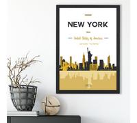 Artze Wall Art New York Yellow And Black City Skyline Framed Print Size: A3 With Black Frame