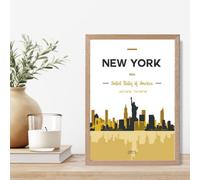 Artze Wall Art New York Yellow And Black City Skyline Framed Print Size: A4 With Oak Frame