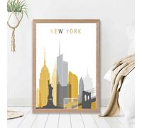 Artze Wall Art New York Yellow And Grey City Skyline Framed Print Size: A2 With Oak Frame