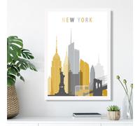 Artze Wall Art New York Yellow And Grey City Skyline Framed Print Size: A3 With White Frame