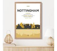 Artze Wall Art Nottingham Yellow And Black City Skyline Framed Print Size: A3 With Oak Frame