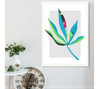 Artze Wall Art Palm Leaf Blue And Green Abstract Minimalist Framed Print Size: A2 With White Frame