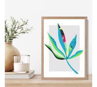 Artze Wall Art Palm Leaf Blue And Green Abstract Minimalist Framed Print Size: A4 With Oak Frame
