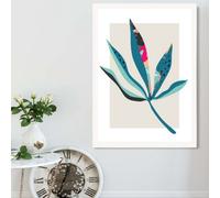 Artze Wall Art Palm Leaf Blue And Pink Boho Botanical Framed Print Size: A2 With White Frame