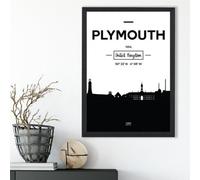Artze Wall Art Plymouth Black And White City Skyline Framed Print Size: A3 With Black Frame
