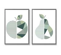 Artze Wall Art Sage Green Geometric Pear Fruit Framed Set of 2 Art Prints - 30x42cm (A3) - Dark Grey