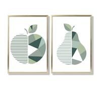 Artze Wall Art Sage Green Geometric Pear Fruit Framed Set of 2 Art Prints - 42x59cm (A2) - Gold