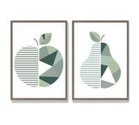 Artze Wall Art Sage Green Geometric Pear Fruit Framed Set of 2 Art Prints - 42x59cm (A2) - Walnut
