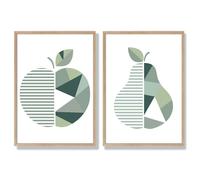 Artze Wall Art Sage Green Geometric Pear Fruit Framed Set of 2 Art Prints - 50x70cm - Light Oak