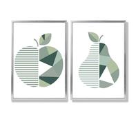 Artze Wall Art Sage Green Geometric Pear Fruit Framed Set of 2 Art Prints - 50x70cm - Silver
