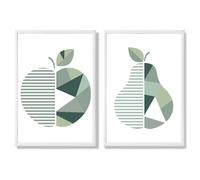 Artze Wall Art Sage Green Geometric Pear Fruit Framed Set of 2 Art Prints - 50x70cm - White
