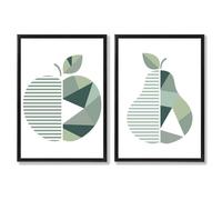 Artze Wall Art Sage Green Geometric Pear Fruit Framed Set of 2 Art Prints - 59x84cm (A1) - Black
