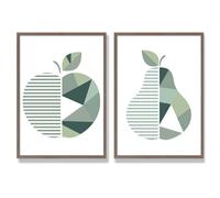 Artze Wall Art Sage Green Geometric Pear Fruit Framed Set of 2 Art Prints - 59x84cm (A1) - Walnut