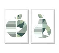 Artze Wall Art Sage Green Geometric Pear Fruit Framed Set of 2 Art Prints - 59x84cm (A1) - White