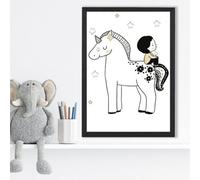 Artze Wall Art Scandi Prince Little Boy Sitting On A Unicorn Framed Print Size: A3 With Black Frame
