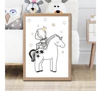Artze Wall Art Scandi Princess Little Girl Sitting On Unicorn Framed Print Size: A2 With Oak Frame