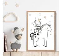 Artze Wall Art Scandi Princess Little Girl Sitting On Unicorn Framed Print Size: A4 With Oak Frame