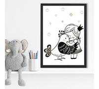 Artze Wall Art Scandi Princess Lttle Girl Hugging Bird Framed Print Size: A3 With Black Frame