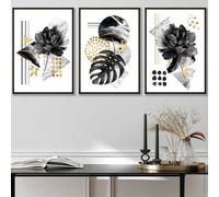 Artze Wall Art Set Of 3 Abstract Black And Gold Botanical Wall Art Prints / 30X42Cm (A3) / Black Frame