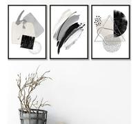 Artze Wall Art Set Of 3 Abstract Black Grey Ivory Watercolour Shapes Wall Art Prints / 30X42Cm (A3) / Black Frame