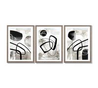 Artze Wall Art Set of 3 Abstract Black Grey Watercolour Framed Wall Art - 59x84cm (A1) - Light Walnut