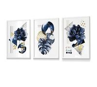Artze Wall Art Set Of 3 Abstract Blue And Gold Botanical Wall Art Prints / 30X42Cm (A3) / White Frame