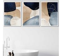 Artze Wall Art Set Of 3 Abstract Blue, Beige, Gold Shapes Wall Art Prints / 50X70Cm / White Frame