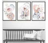 Artze Wall Art Set Of 3 Abstract Blush Pink Botanical Wall Art Prints / 30X42Cm (A3) / Black Frame