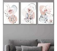 Artze Wall Art Set Of 3 Abstract Blush Pink Botanical Wall Art Prints / 50X70Cm / Light Grey Frame