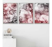 Artze Wall Art Set Of 3 Abstract Floral Fluid In Red And Grey Wall Art Prints / 42X59Cm (A2) / Light Grey Frame