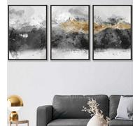 Artze Wall Art Set Of 3 Abstract Grey And Yellow Mountains Wall Art Prints / 50X70Cm / Black Frame