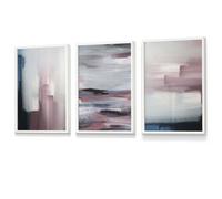Artze Wall Art Set Of 3 Abstract Navy Blue Grey Blush Pink Oil Wall Art Prints / 30X42Cm (A3) / White Frame