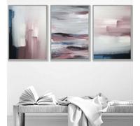 Artze Wall Art Set Of 3 Abstract Navy Blue Grey Blush Pink Oil Wall Art Prints / 42X59Cm (A2) / Light Grey Frame